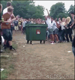 Dumpster flies down steep hill at a party