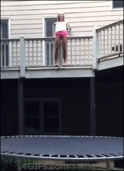 A trampoline fails to work like it's supposed to when a girl jumps on it