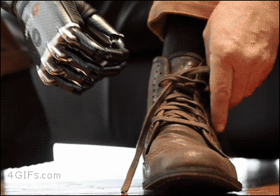 A prosthetic hand has the dexterity to help tie shoelaces