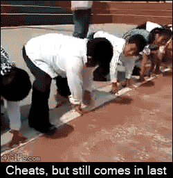 A portly kid cheats in a race against classmates yet still finishes in last place