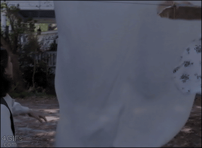 When a laundry sheet flies off the line it's temporarily stopped by a ghost