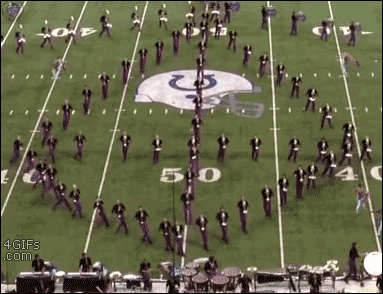 A marching band formation looks like a 3-D pyramid