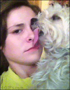 A dog keeps his tongue pressed against a woman's nose