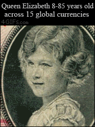 Queen Elizabeth is shown 8-85 years old across 15 global currencies