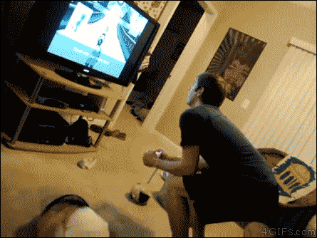 A guy trips on a corgi dog while playing Wii and knocks over the TV
