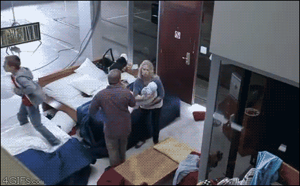 A baby gets catapulted into a glass window
