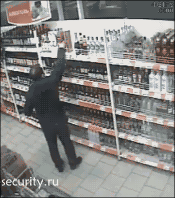 A thief tries and fails to steal wine bottles