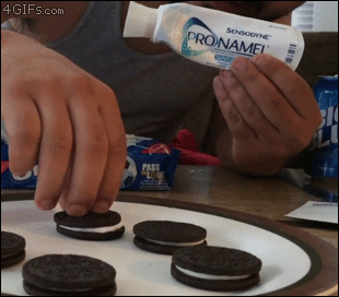 The center of a kid's Oreo is replaced with toothpaste
