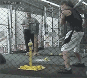 A softball in a batting cage returns to exactly where it was hit from