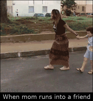 A kid prepares to stay awhile when his mom runs into a friend