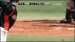 A pitcher reacts to his catcher's nutshot