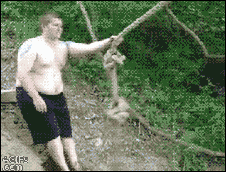 A fat guy tries swinging on a rope