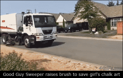 Good Guy Sweeper raises brush to save girl's chalk art