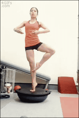 A ballerina maintains balance on a wobble board