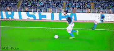 A soccer foul is exaggerated in a video game