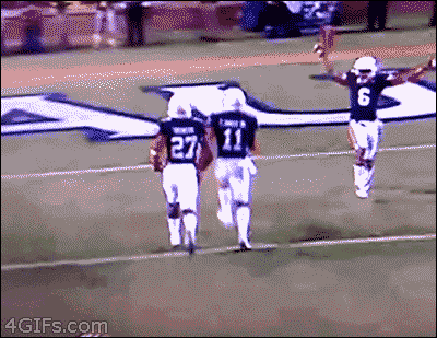 Fabulous football player celebrates his teammate's touchdown