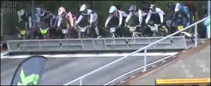 All the bikers in a BMX race simultaneously faceplant when the gate fails to drop at the starting line