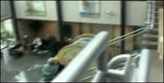 A cable spool rolls down stairs and breaks through glass doors