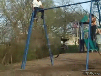 A portly girl loses her wig after jumping from a swing