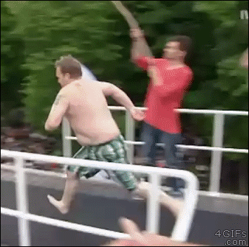 kid running off the diving board bellyflop gif
